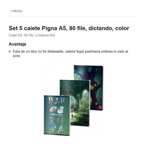 Set 5 caiete Pigna A5, 80 file, dictando, color [1]