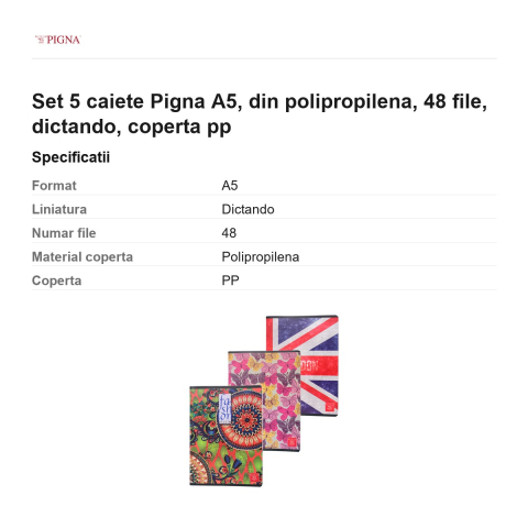 Set 5 caiete Pigna A5, din polipropilena, 48 file, dictando, coperta pp [2]