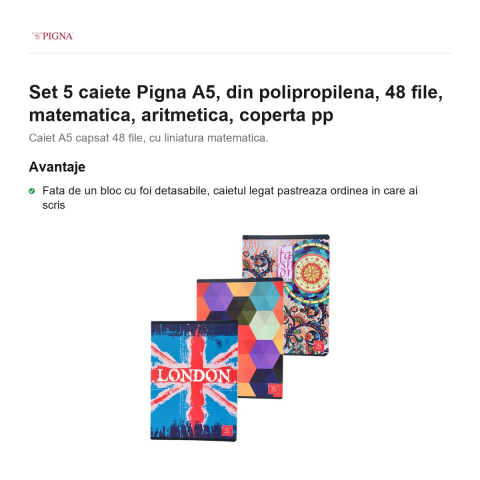 Set 5 caiete Pigna A5, din polipropilena, 48 file, matematica, aritmetica, coperta pp [1]
