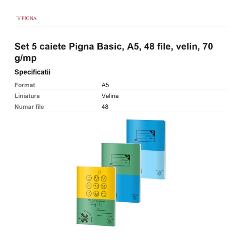 Set 5 caiete Pigna Basic, A5, 48 file, velin, 70 g/mp [2]