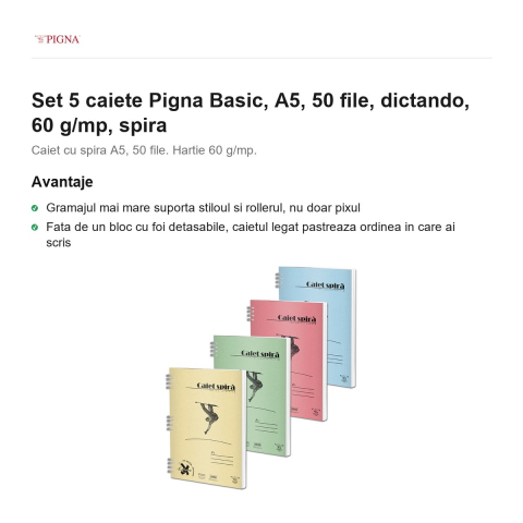 Set 5 caiete Pigna Basic, A5, 50 file, dictando, 60 g/mp, spira [1]