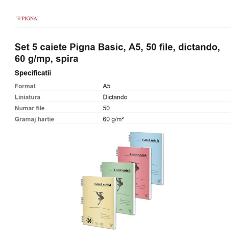 Set 5 caiete Pigna Basic, A5, 50 file, dictando, 60 g/mp, spira [2]