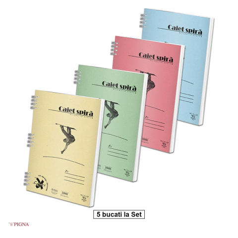 Caiete A5 - Set 5 caiete Pigna Basic, A5, 50 file, dictando, 60 g/mp, spira