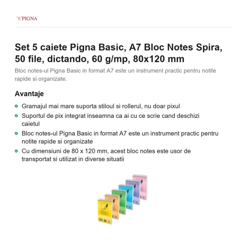 Set 5 blocuri notes Pigna Basic, A7, 50 file, dictando, 60 g/mp, spira, 80x120 mm [1]