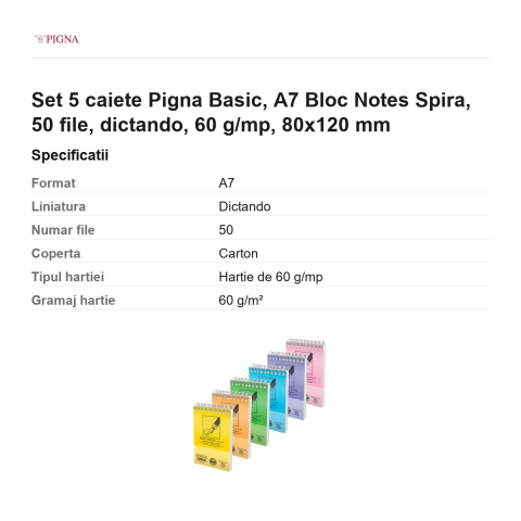 Set 5 blocuri notes Pigna Basic, A7, 50 file, dictando, 60 g/mp, spira, 80x120 mm [2]