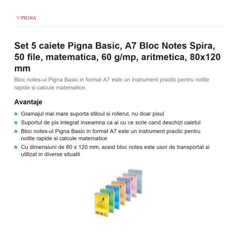 Set 5 blocuri notes Pigna Basic, A7, 50 file, matematica, 60 g/mp, spira aritmetica, 80x120 mm [1]