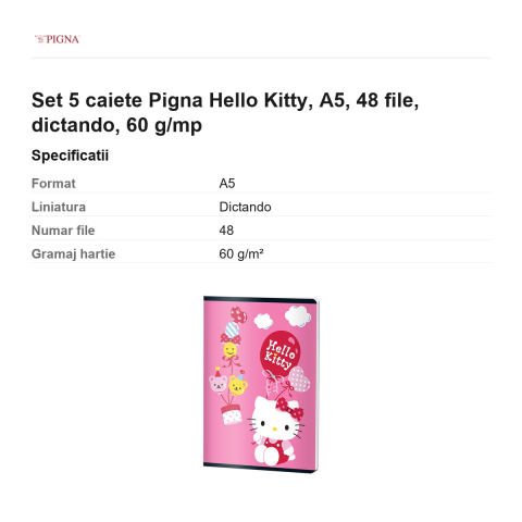 Set 5 caiete Pigna Hello Kitty, A5, 48 file, dictando, 60 g/mp [2]