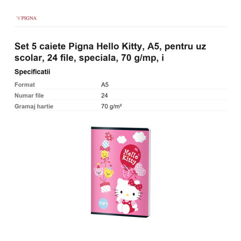 Set 5 caiete Pigna Hello Kitty, A5, pentru uz scolar, 24 file, 70 g/mp, i [2]