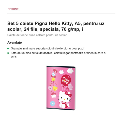 Set 5 caiete Pigna Hello Kitty, A5, pentru uz scolar, 24 file, 70 g/mp, i [1]
