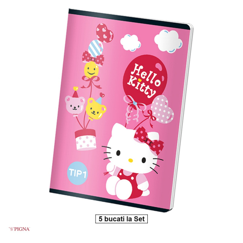 Liniatura Dictando (Linii) A5 - Set 5 caiete Pigna Hello Kitty, A5, pentru uz scolar, 24 file, 70 g/mp, i