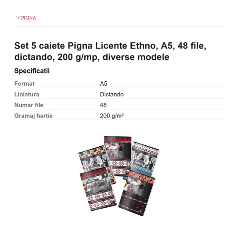 Set 5 caiete Pigna Licente Ethno, A5, 48 file, dictando, 200 g/mp, diverse modele [2]