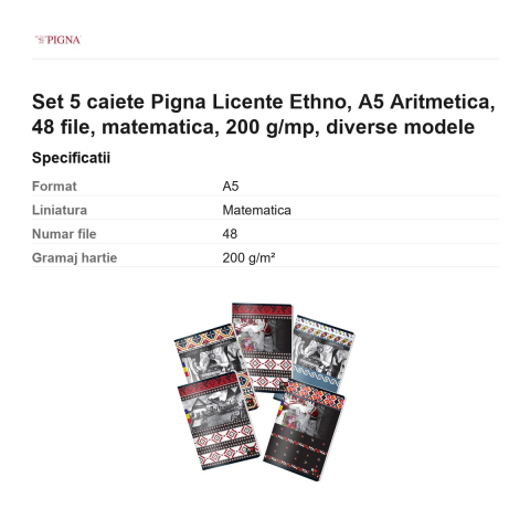 Set 5 caiete Pigna Licente Ethno, A5, 48 file, matematica, 200 g/mp, aritmetica diverse modele [2]