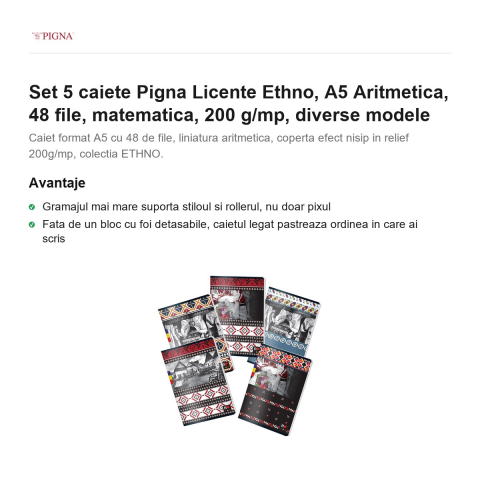 Set 5 caiete Pigna Licente Ethno, A5, 48 file, matematica, 200 g/mp, aritmetica diverse modele [1]