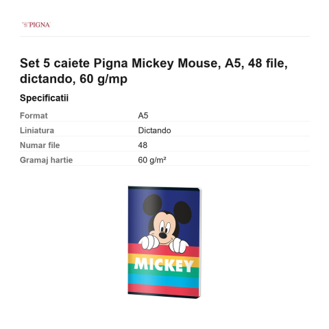Set 5 caiete Pigna Mickey Mouse, A5, 48 file, dictando, 60 g/mp [2]