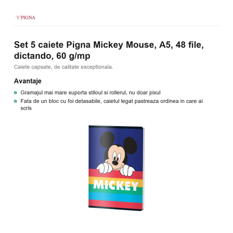 Set 5 caiete Pigna Mickey Mouse, A5, 48 file, dictando, 60 g/mp [1]