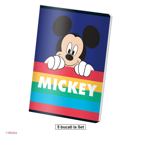 Caiete A5 - Set 5 caiete Pigna Mickey Mouse, A5, 48 file, dictando, 60 g/mp