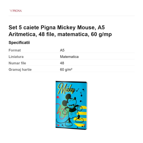 Set 5 caiete Pigna Mickey Mouse, A5, 48 file, matematica, 60 g/mp, aritmetica [2]