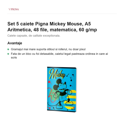 Set 5 caiete Pigna Mickey Mouse, A5, 48 file, matematica, 60 g/mp, aritmetica [1]