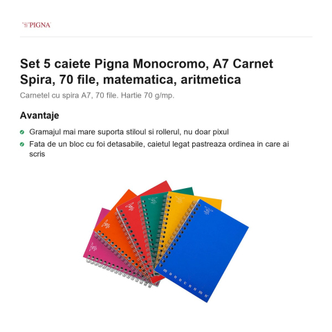 Set 5 carnete Pigna Monocromo, A7, 70 file, matematica, spira aritmetica [1]