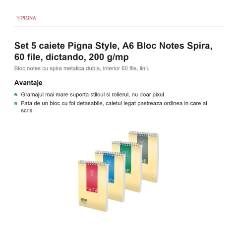 Set 5 blocuri notes Pigna Style, A6, 60 file, dictando, 200 g/mp, spira [1]