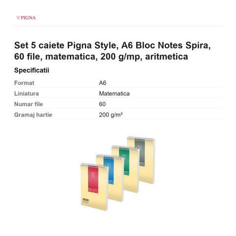 Set 5 blocuri notes Pigna Style, A6, 60 file, matematica, 200 g/mp, spira aritmetica [2]