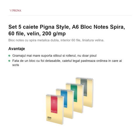 Set 5 blocuri notes Pigna Style, A6, 60 file, velin, 200 g/mp, spira [1]