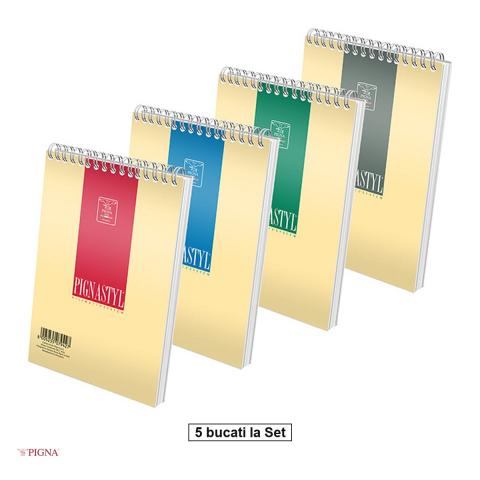 Birotica papetarie - Set 5 blocuri notes Pigna Style, A6, 60 file, velin, 200 g/mp, spira
