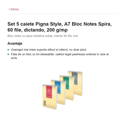 Set 5 blocuri notes Pigna Style, A7, 60 file, dictando, 200 g/mp, spira [1]