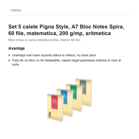 Set 5 blocuri notes Pigna Style, A7, 60 file, matematica, 200 g/mp, spira aritmetica [1]