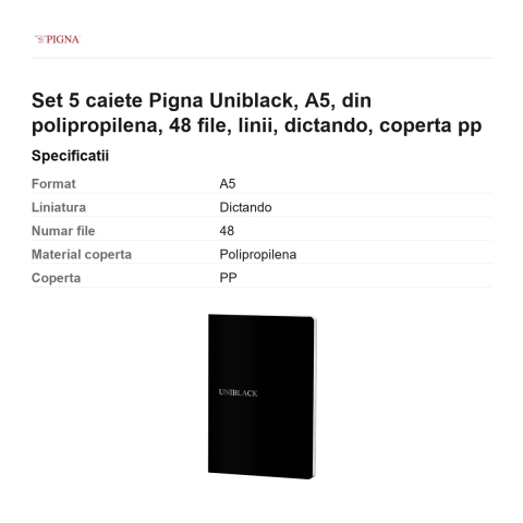 Set 5 caiete Pigna Uniblack, A5, din polipropilena, 48 file, linii, dictando, coperta pp [2]