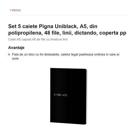 Set 5 caiete Pigna Uniblack, A5, din polipropilena, 48 file, linii, dictando, coperta pp [1]