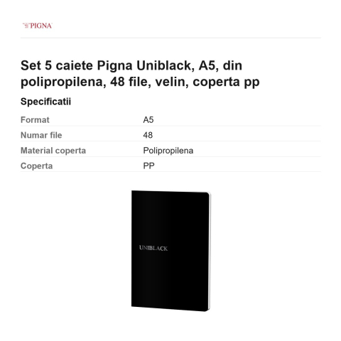 Set 5 caiete Pigna Uniblack, A5, din polipropilena, 48 file, velin, coperta pp [2]