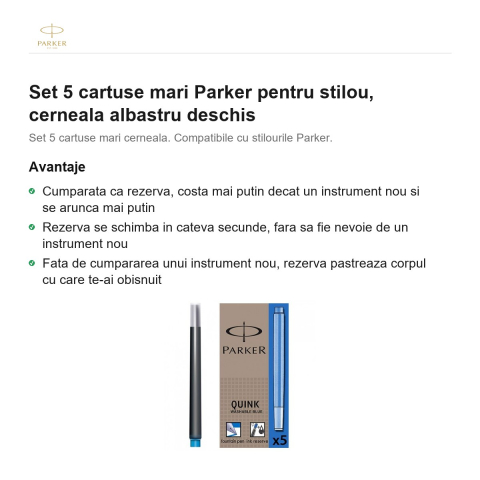 Set 5 cartuse mari Parker pentru stilou, cerneala albastru deschis [1]