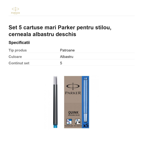 Set 5 cartuse mari Parker pentru stilou, cerneala albastru deschis [2]