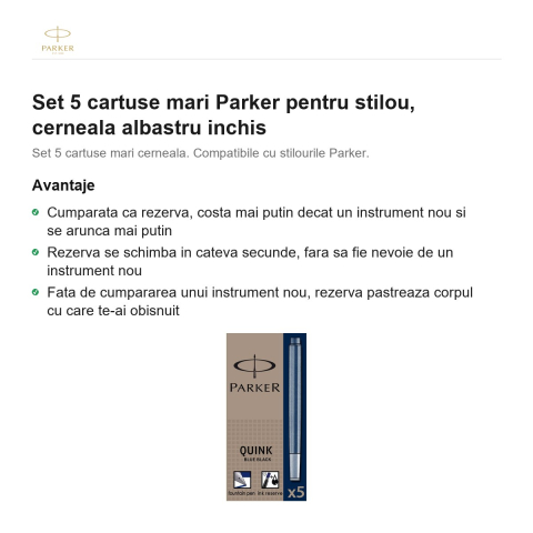 Set 5 cartuse mari Parker pentru stilou, cerneala albastru inchis [1]