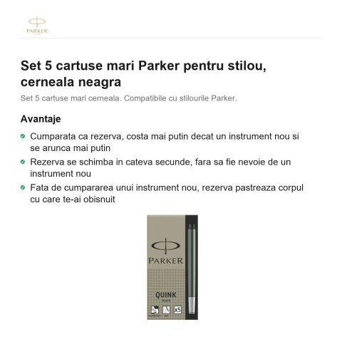 Set 5 cartuse mari Parker pentru stilou, cerneala neagra [1]