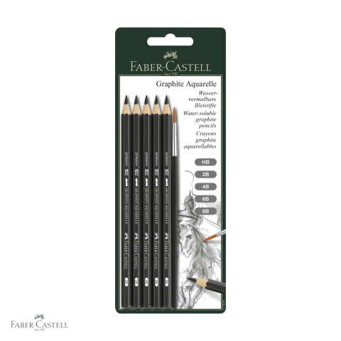 Desen grafit si carbune - Set 5 creioane grafit acuarela Faber-Castell Aquarelle cu pensula, solubile in apa, pentru artisti