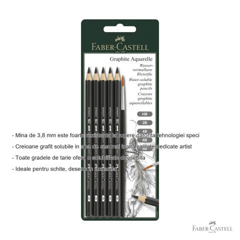 Set 5 creioane grafit acuarela Faber-Castell Aquarelle cu pensula, solubile in apa, pentru artisti [1]