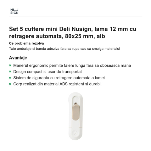 Set 5 cuttere mini Deli Nusign, lama 12 mm cu retragere automata, 80x25 mm, alb [1]