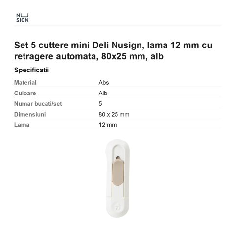Set 5 cuttere mini Deli Nusign, lama 12 mm cu retragere automata, 80x25 mm, alb [2]