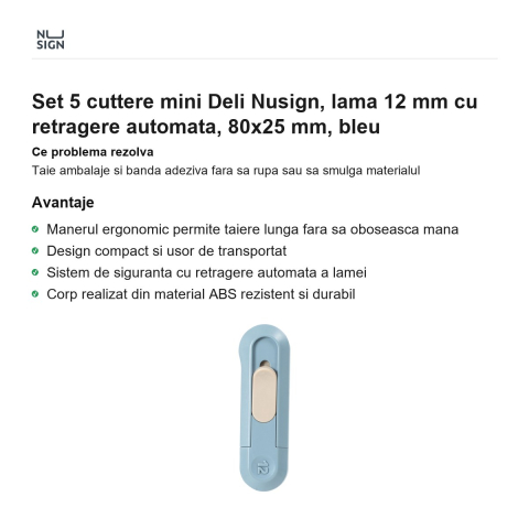Set 5 cuttere mini Deli Nusign, lama 12 mm cu retragere automata, 80x25 mm, bleu [1]