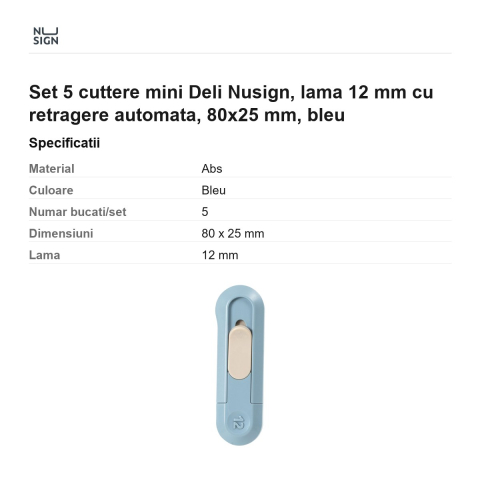 Set 5 cuttere mini Deli Nusign, lama 12 mm cu retragere automata, 80x25 mm, bleu [2]