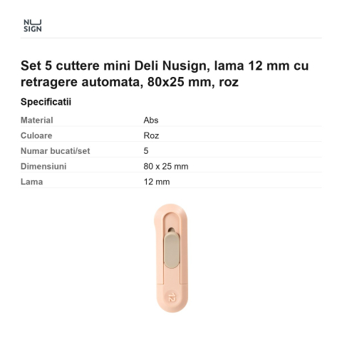 Set 5 cuttere mini Deli Nusign, lama 12 mm cu retragere automata, 80x25 mm, roz [2]