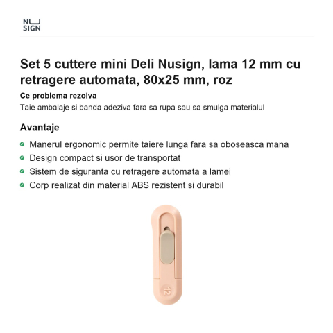 Set 5 cuttere mini Deli Nusign, lama 12 mm cu retragere automata, 80x25 mm, roz [1]