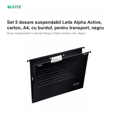 Set 5 dosare suspendabil Leitz Alpha Active, carton, A4, cu burduf, pentru transport, negru [1]