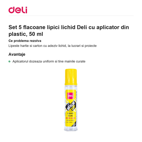 Set 5 flacoane lipici lichid Deli cu aplicator din plastic, 50 ml [1]