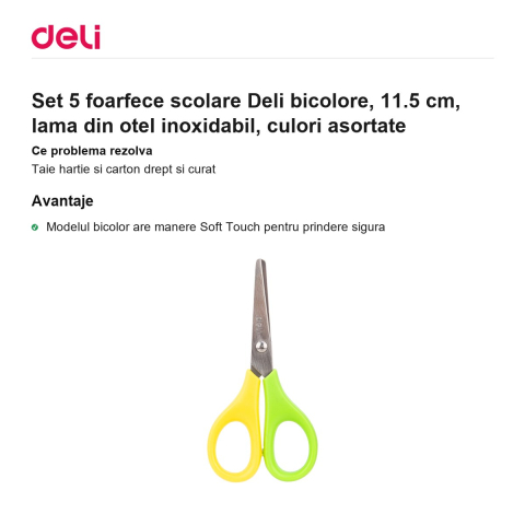Set 5 foarfece scolare Deli bicolore, 11.5 cm, lama din otel inoxidabil, culori asortate [1]
