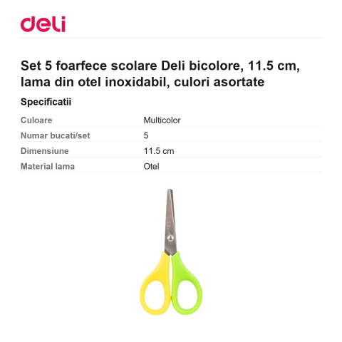 Set 5 foarfece scolare Deli bicolore, 11.5 cm, lama din otel inoxidabil, culori asortate [2]