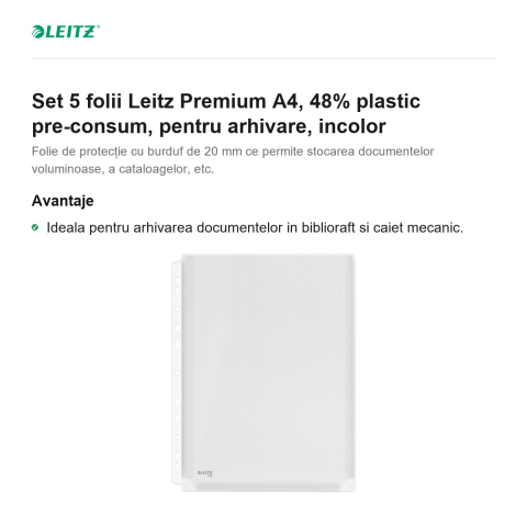 Set 5 folii Leitz Premium A4, 48% plastic pre-consum, pentru arhivare, incolor [1]
