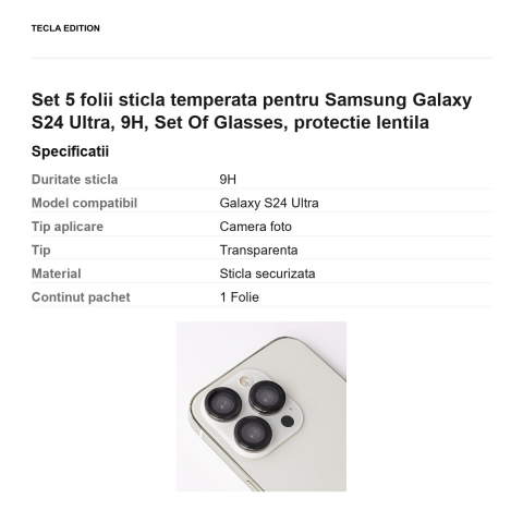 Set 5 folii sticla temperata pentru Samsung Galaxy S24 Ultra, 9H, Set Of Glasses, protectie lentila [2]